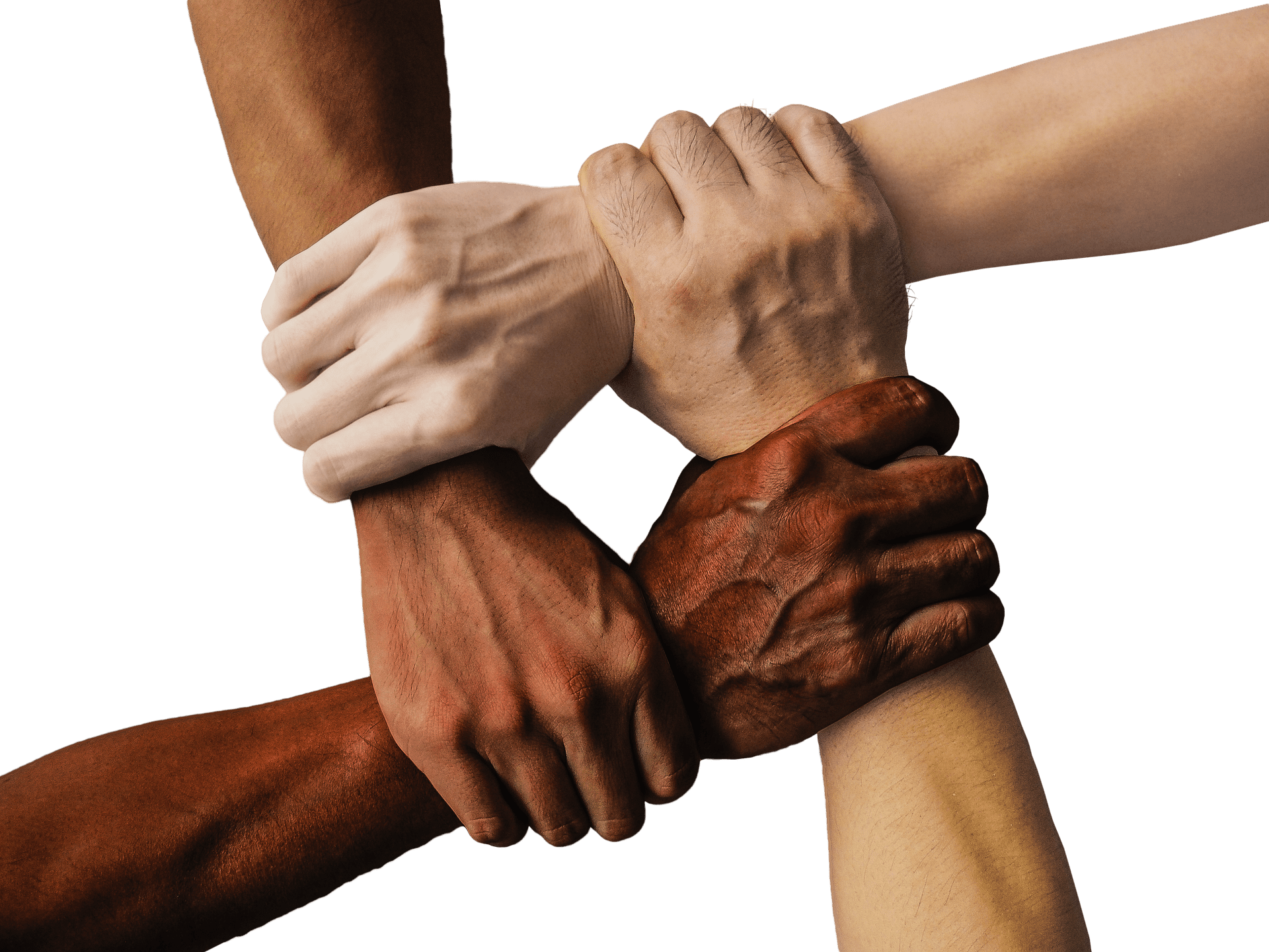 Hands in different skin colors holding on to each others wrist to shape a square.