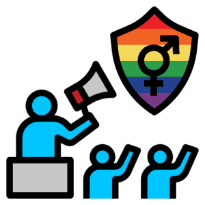 Illustrated person holding a megaphone in front of a podium giving a speech about LGBTQIA+ inclusion and representing minorities.